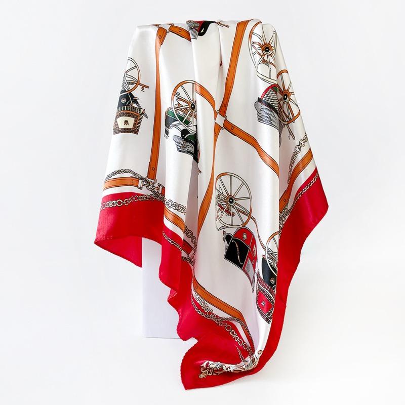Versatile chain 90cm silk scarf square scarf high-end women's shawl retro printing satin bag headscarf