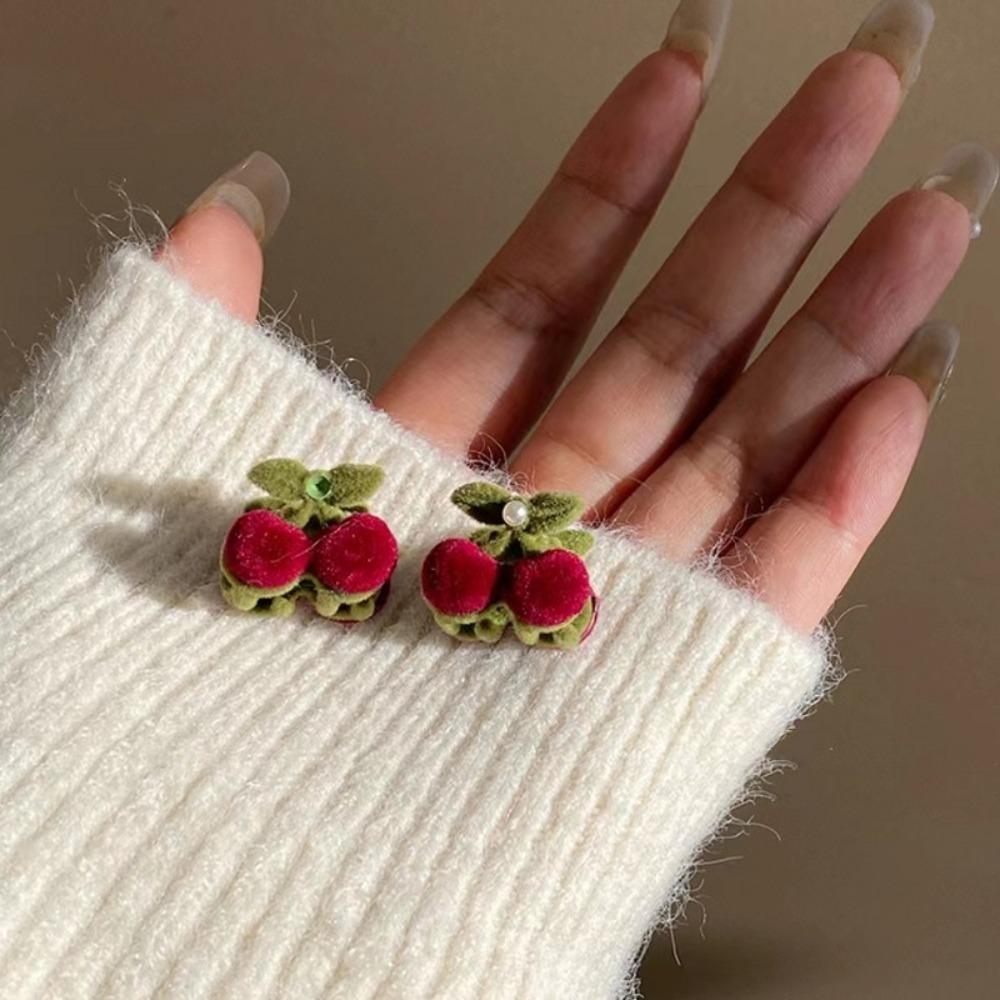 

1PC Cherry Hair Clip Flocking Flowers Side Banger Clip Sweet Barrette For Women