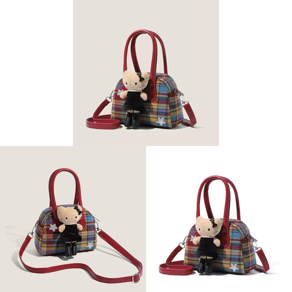 Zusammenklappbare PU-Schultertasche Hello Kitty mit rotem Karomuster für den täglichen Gebrauch