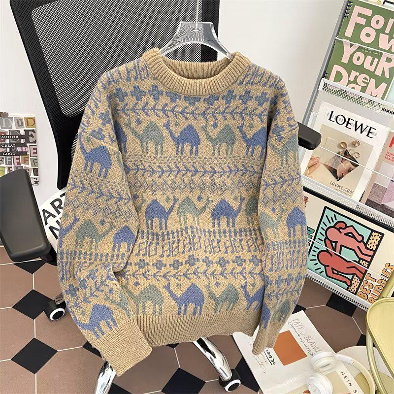 Pull Lâche Tricoté Style Japonais Rétro pour Homme, Col Rond Laineux Décontracté pour l'Automne et l'Hiver