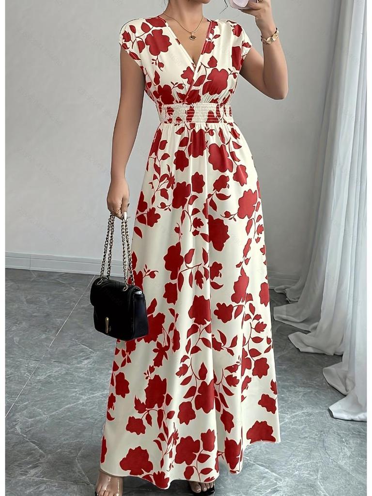 2025 Women's V-Neck Short Sleeve Tie-Up Dress with New Print - Spring/Summer Waist-Cinching Long Dress