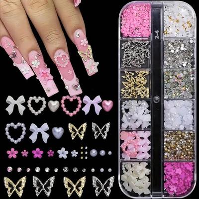 12 Gitter Rosa Weiß Harz Schleife Nagelanhänger Legierung Hohl Schmetterling,Perle Herzform,Blumen,AB Strass Edelsteine Nagelkunst Dekoration