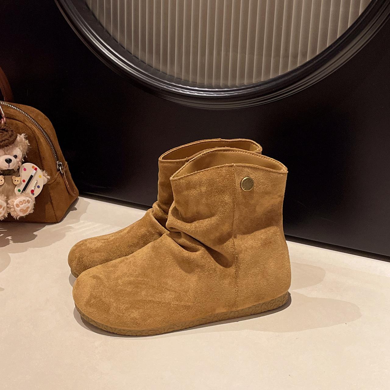 

Матовые кожаные складные ботинки Мартин Женские ботинки 2025 Осень Круглый носок Плоская подошва Ботинки с ворсом Женские ботинки Ботинки Birkenstock 40