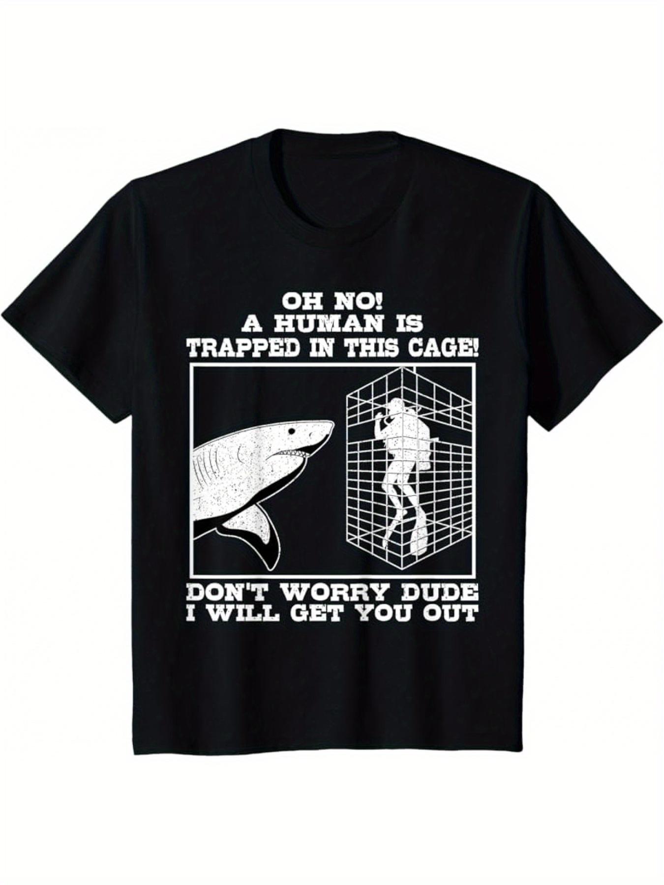 Vintage Funny Shark Cage Horror Parody- Oh No! A Human Trapped Graphic-100% cotton O-neck printed men s T-shirt. S