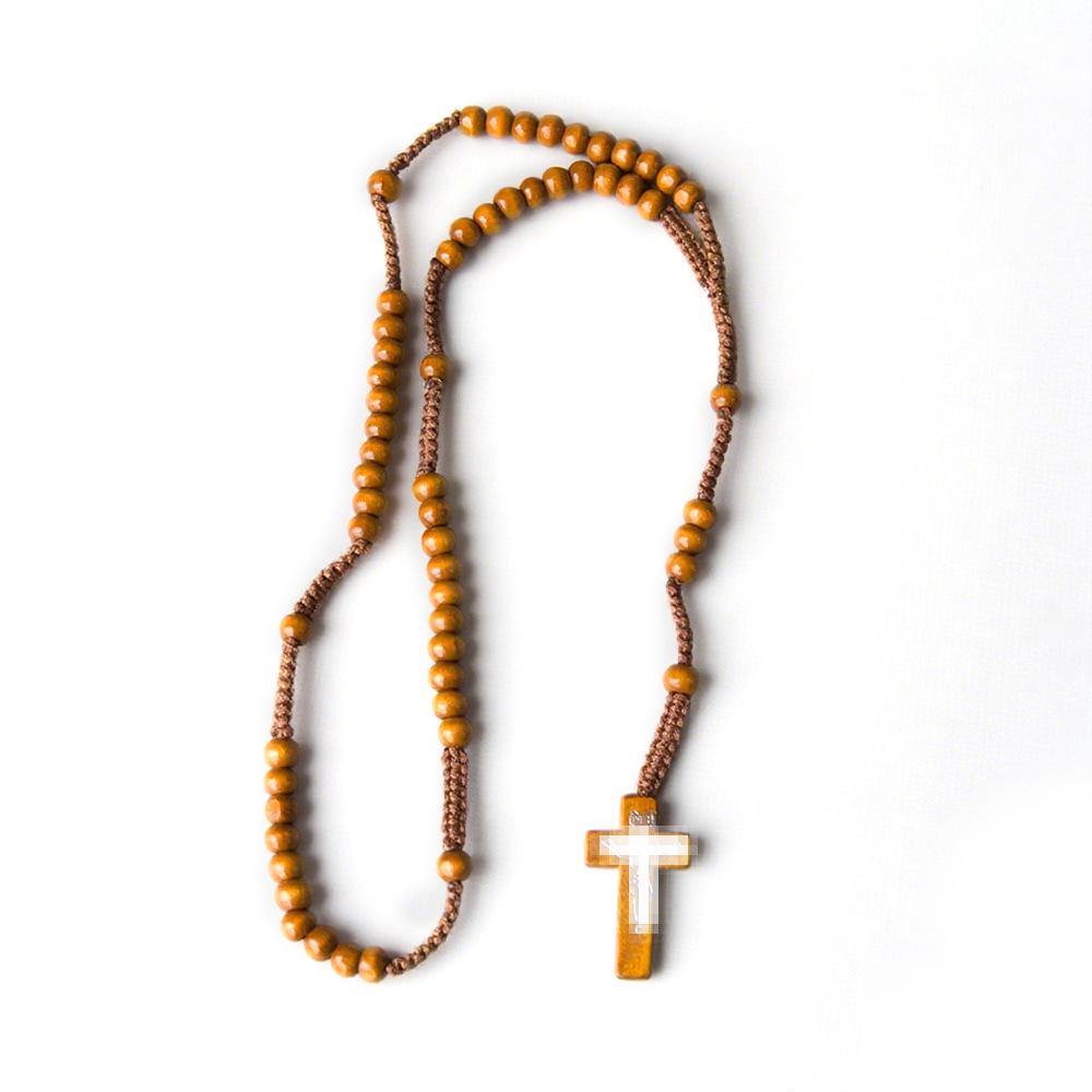 In Stock: Natural Wood Bead Cross Rosary Necklace - Hand-Woven Prayer Jewelry