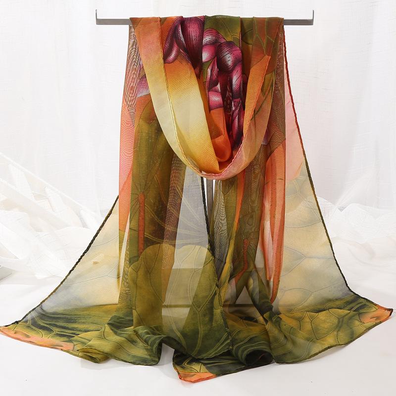 Chiffon Lotus Print Long Scarf - Lightweight, Thin Spring/Autumn Silk Accessory for Middle-Aged & Elderly