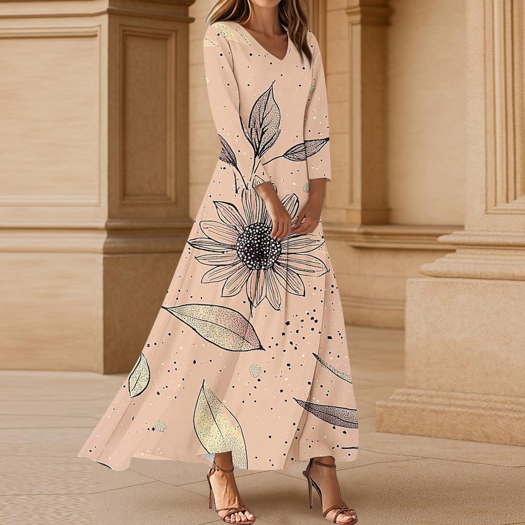 Women's Casual 3/4 Sleeve V-Neck Floral Print Maxi A-Line Beach Dress