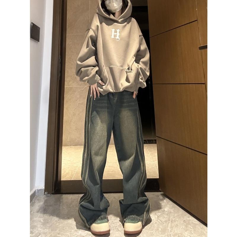 Retro American High Street Ins Side Striped Jeans for Women 2024 Spring New High-waisted Loose Slim Wide-leg Pants