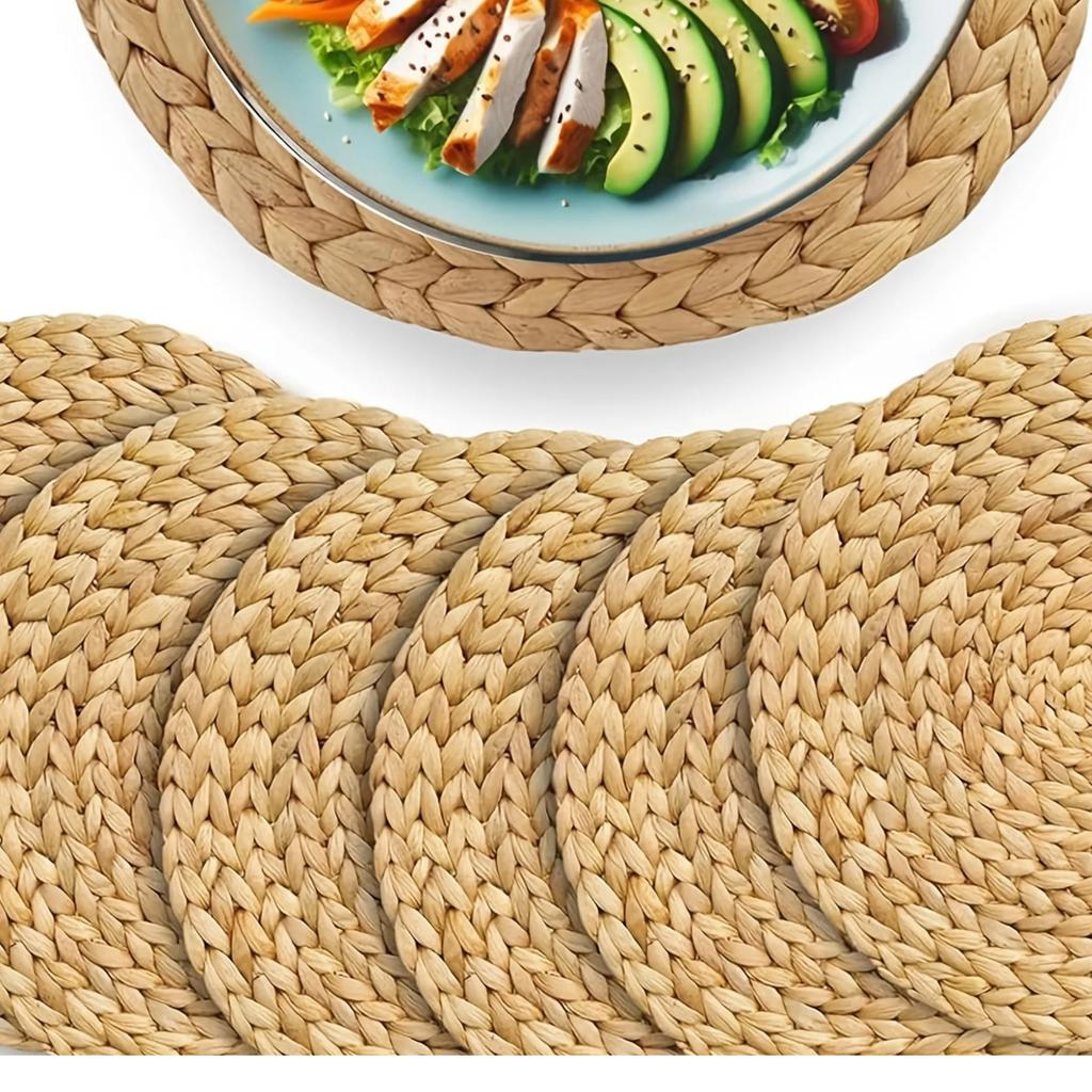 6-teilige handgewebte Rattan-Platzsets - runde gewebte Tischsets, geeignet für Esszimmer und Wohnzimmer, hitzebeständig