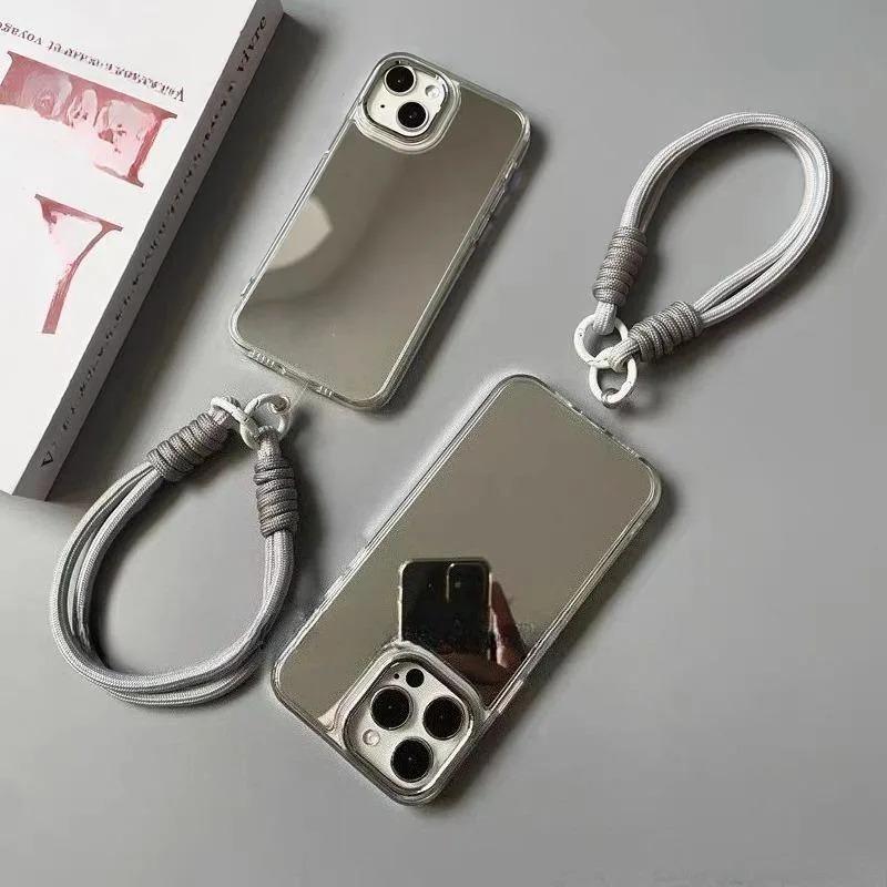 New Makeup Mirror Phone Case For OnePlus 12 12R 11R ACE 3 2 Nord CE 4 3 2 N30 2 3 Lite 5G With Gray Short Lanyard Hard Cover