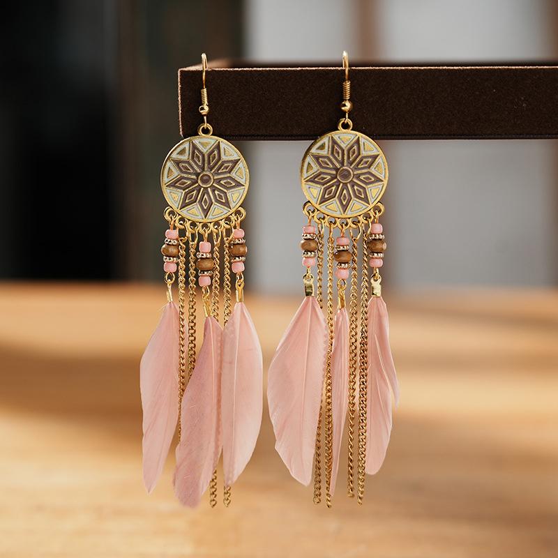 Modische Böhmische Bunte Federohrringe für Damen Ethnischer Stil Lange Geometrische Ohrringe Damen Schmuck Accessoires Geschenk