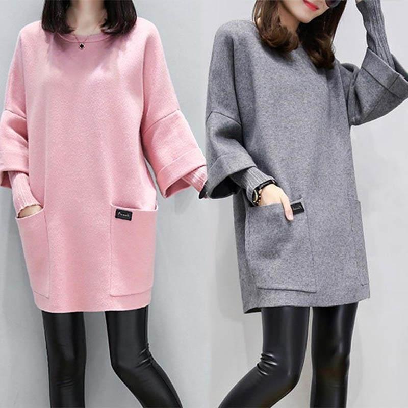 Neck Round Women Long Sleeve Solid Patchwork Hoodie Loose Sweatshirt Pocket