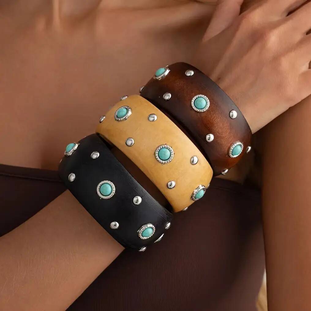 SHIXIN Vintage Irregular Hyperbole Wooden Cuff Bangles Women Punk Round Geometric Wide Inlaid Turquoise Bracelets Chunky Jewelry