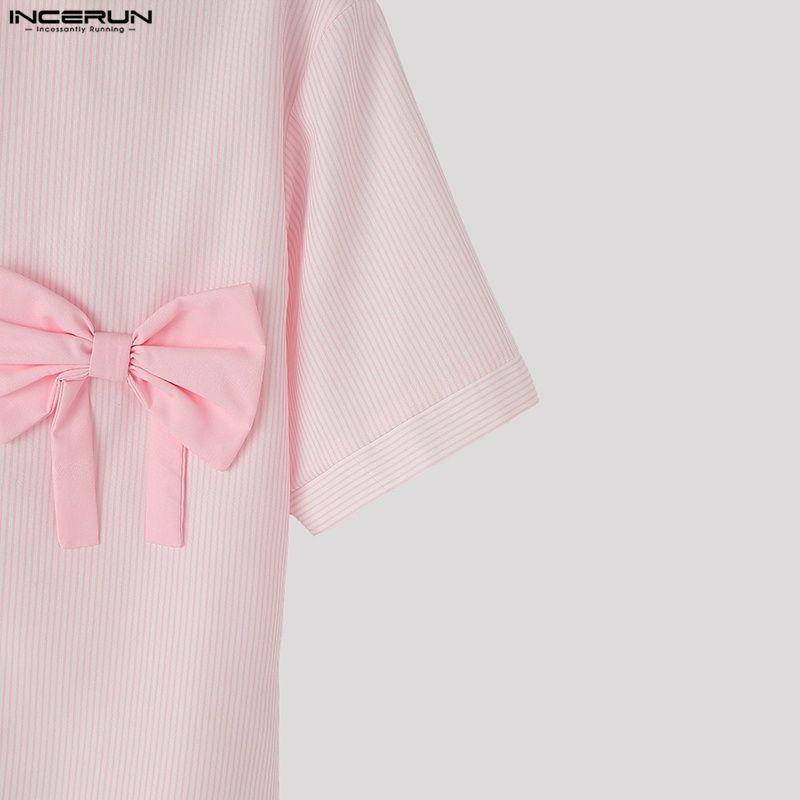 INCERUN Summer Men Lapel Neck Short Sleeve Buttons Up Striped Print Bow Casual Shirts