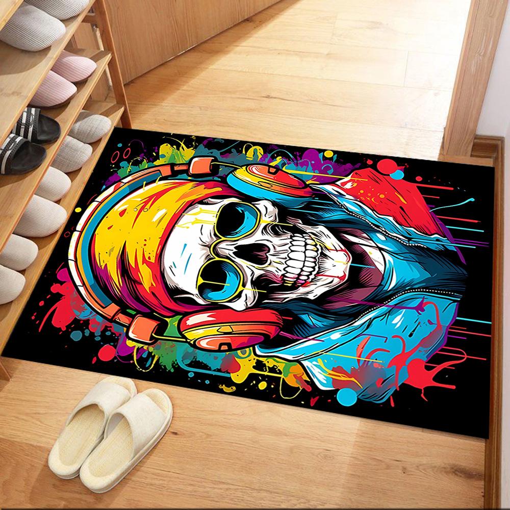 Skull With Headphones Artwork Floor Mats for Living Room, Bedroom and Room Decoration Are Suitable for Gifts.