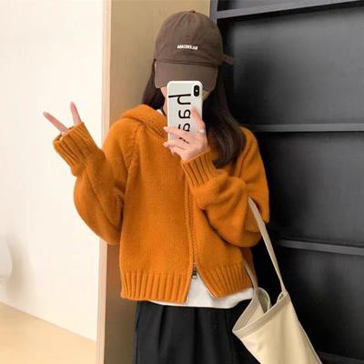 Double Zipper Hooded Stacked Knitted Cardigan Women's 2025 Autumn and Winter Korean Lazy Style Niche Design Sense Chic Sweater