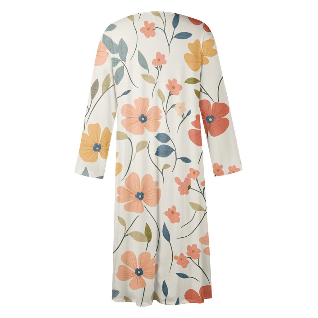 Women's Casual Round Neck Floral Print Midi Dress Long Sleeve Pocket Dress
