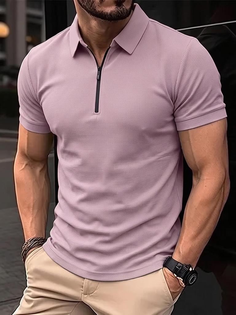 Men's Plus Size Summer Short Sleeve Zipper Polo - Casual, Breathable, High Elastic Pique Mesh Top