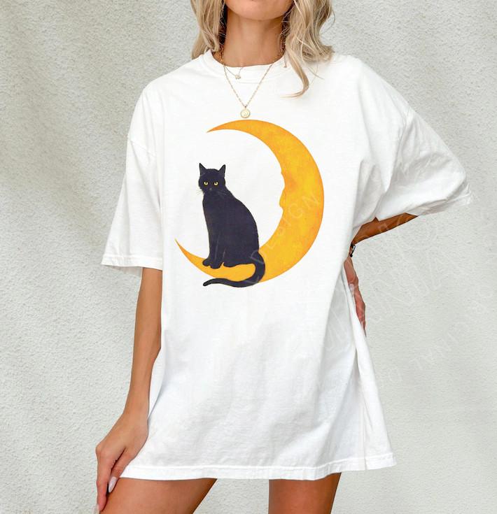 Black cat crescent moon T-Shirt XL