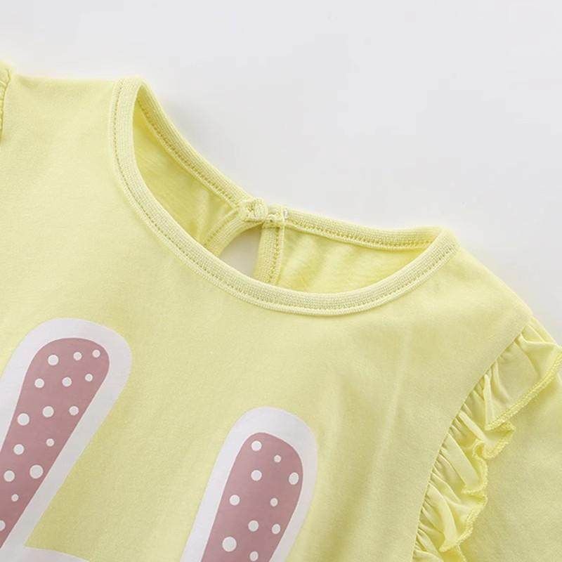 2025 Summer Girls' Comfortable T-Shirt New Short-Sleeve Stylish Little Rabbit European and American Style Top Round Neck Ruffled Edge 0-8 Years Old
