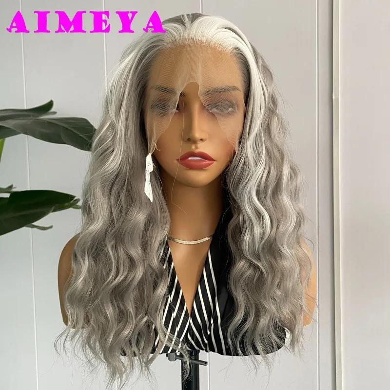 

AIMEYA Black Wig White Highlights Lace Front Wig Mix Color Short Wave Bob Wig Synthetic Hair Natural Hairline 13x4 Lace Wigs (Silver White,12inches&Lace Front)