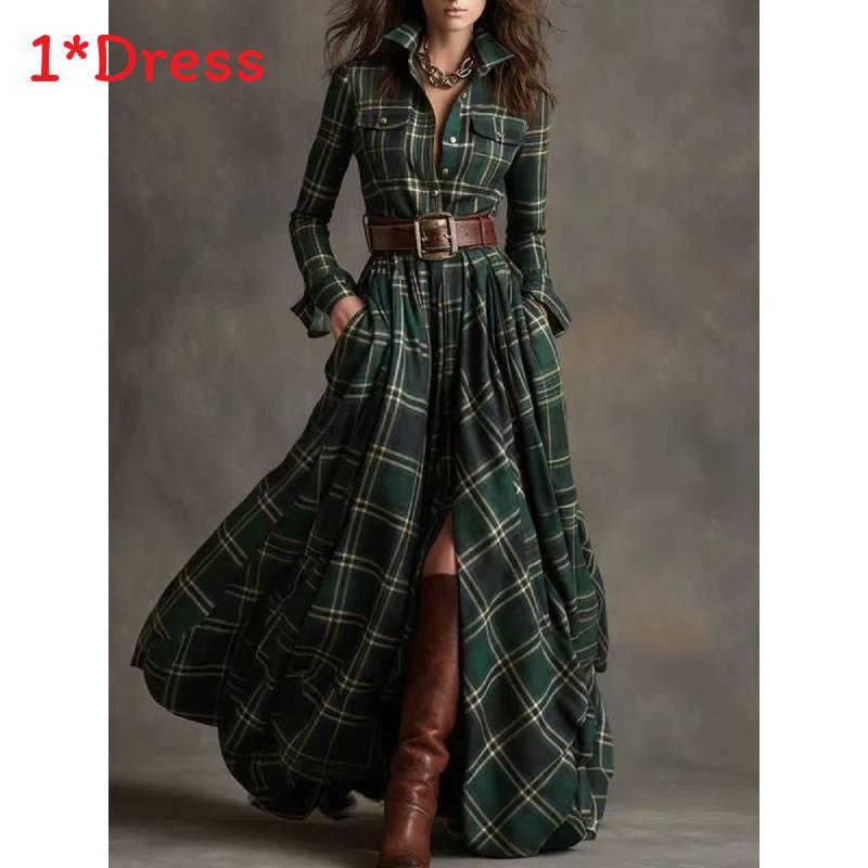 Vintage Plaid Long Sleeve Dress With Pockets For Autumn Fashion Enthusiasts
