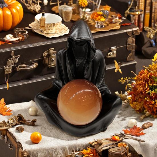 Grim Reaper Statue Gothic Crystal Ball Stand Bookshelf Decor Mysterious Creepy Wizard Robe Sculpture for Halloween Home Decor