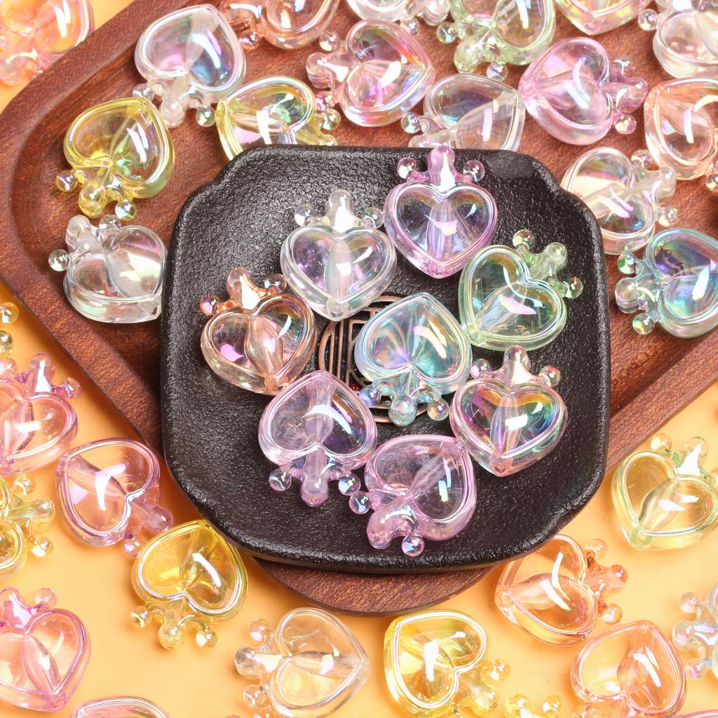 5pcs UV Plated Dazzle Transparent Vertical Hole Crown Peach Heart Loose Beads Fashion Pendant DIY Handmade Materials Jewelry Accessories