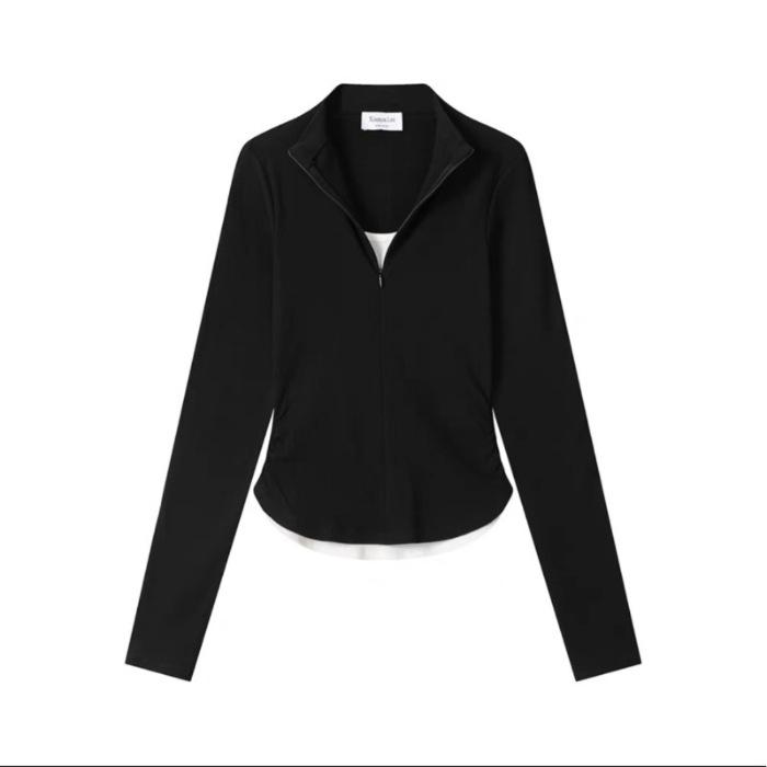 

MR [Modal Cotton] Semi-turtleneck fake two-piece long-sleeved T-shirt female autumn and winter spice girl slim waist and shoulder S чёрный