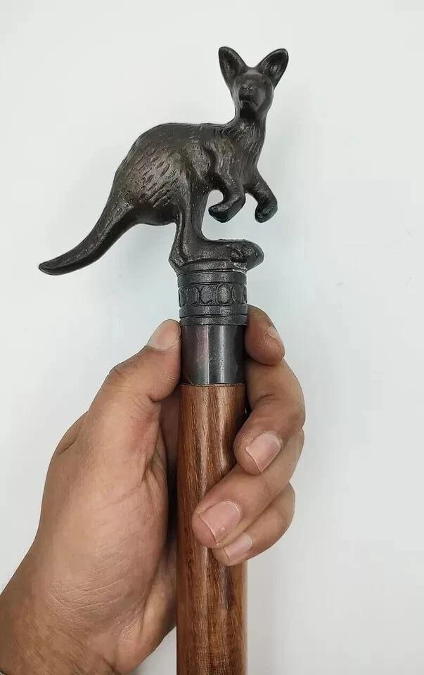 Antique Finish Metal Kangaroo Head Handle Wooden Walking cane-Walking Stick-