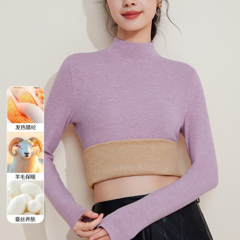 Autumn and Winter Mid-neck Wool Silk Thermal Underwear Women's Thickened Fleece Bottoming Shirt Warm Fleece Heating Autumn Clothes Top