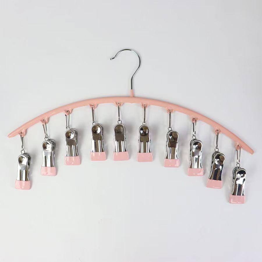 1pc Curved Shape Hanger, Metal Yoga Pants Hangers, Pants Hanger with 10 Clothespins, Space Saving Hanging Hangers, Closet Organizer W/Rubber Coated,