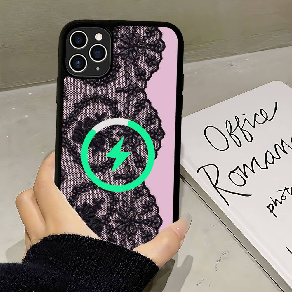 Black Lace Pattern Personalized Mobile For Magsafe Magnetic Case For IPhone17Air 16 15 14 13 12 11Pro Max Plus Wireless Charging