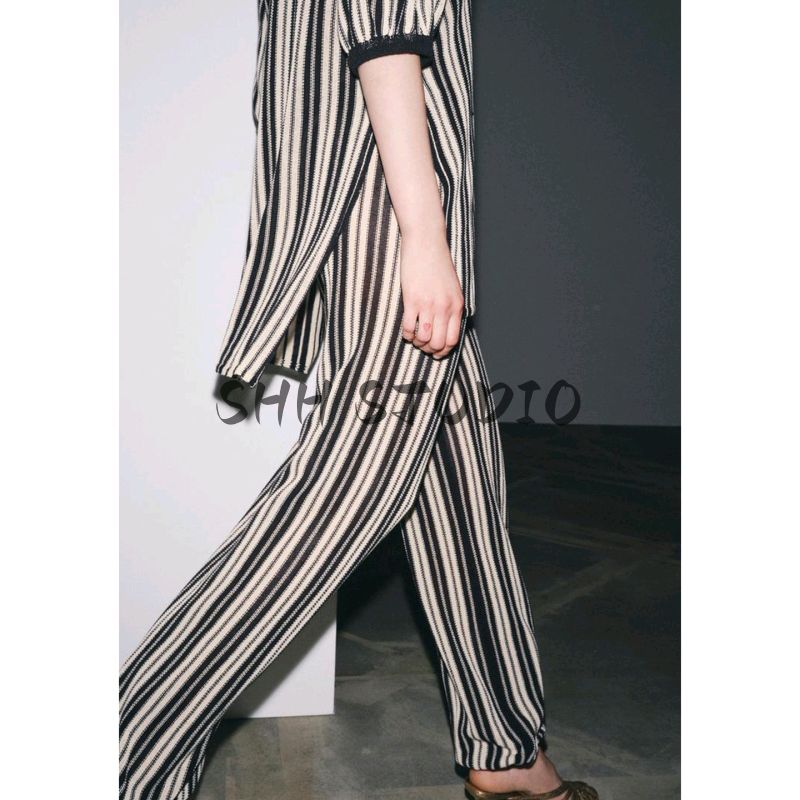 Autumn New Women clothes French style Design High Waist Stripe Linen Blend Trousers Casual Pants 5536007