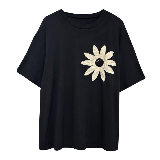 T-shirt Femme Col Rond Manches Courtes Coupe Ample T-shirt Motif Fleur Brodé Style Décontracté Hauts d'Été