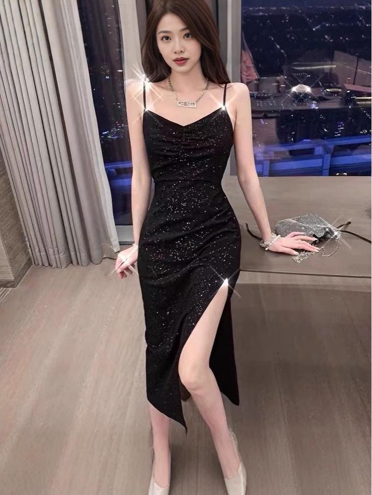 2024 Summer Korean Hepburn Black Sequin Slit Midi Slim Fit Suspender Dress