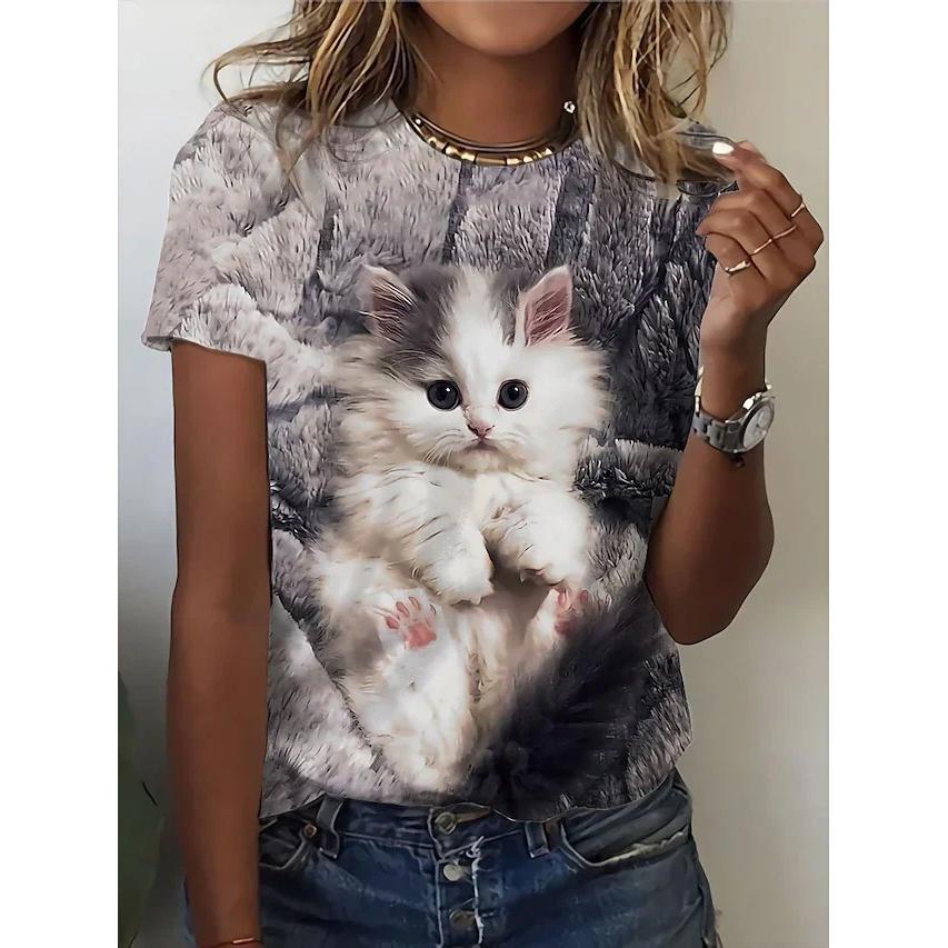 Dámské 3d tričko s roztomilým kočičím potiskem Móda Dámská trička Y2k topy Harujuku Kawaii Oversized letní top s výstřihem do O Dámské oblečení