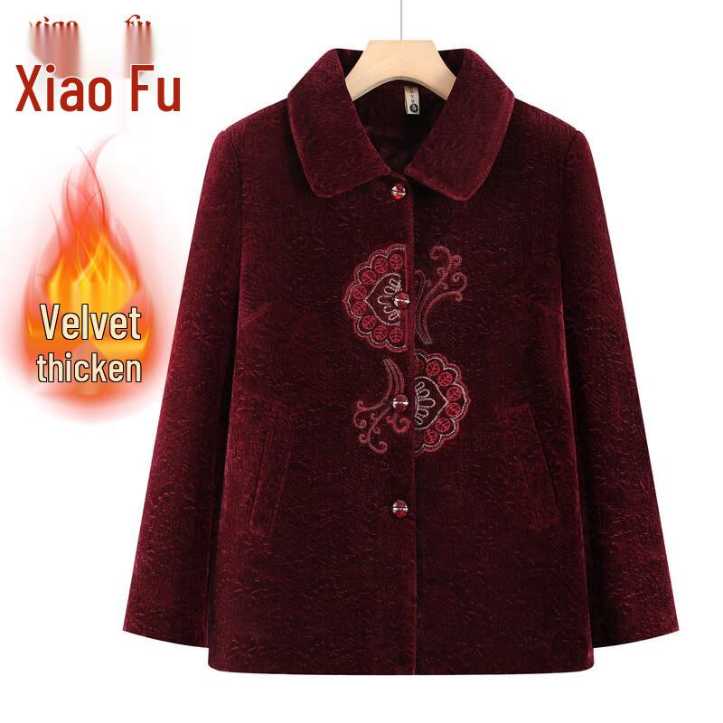 

Elderly Women s Plush Lined Embroidered Wool Blend Autumn/Winter Jacket 2XL
