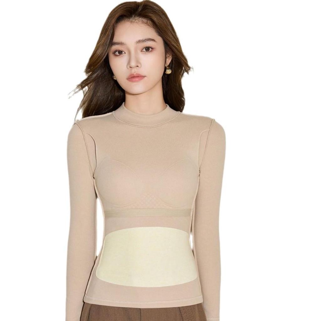 Women's Slim Fit Velvet Half-Turtleneck Shirt with Chest Pads - Antibacterial, Long-Sleeved, Perfect for Autumn and Winter