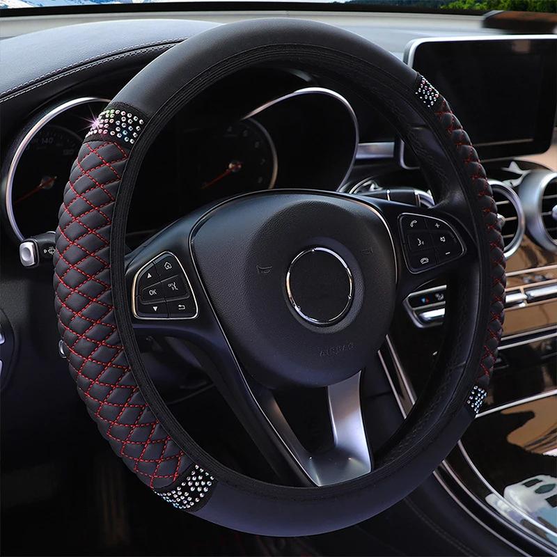 

Universal Car Steering Wheel Cover 37-38cm Leather Embroidered Color Diamond-Studded Elastic Four Seasons Steering Wheel Cover