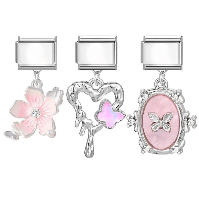 3Pcs/Set Brilliant Butterfly Moon Cherry Flowers Pendant Italian Charm Links Fit 9mm Stainless Steel Bracelet DIY Making Gift