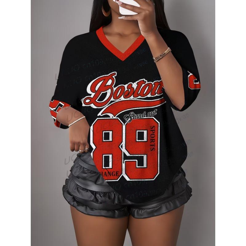 Women's NO.27 Winner Print V-Neck Short Sleeve Casual T-Shirt Summer Graphic Tee Jerseys Plus Size Sport T-Shirt