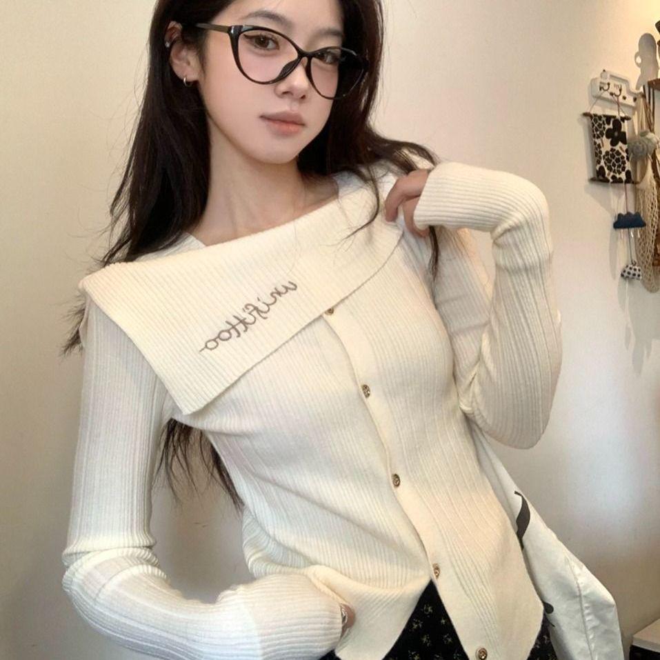 Korean Chic One-Shoulder Long-Sleeve Knit Top - Autumn/Winter Elegant Design for Women