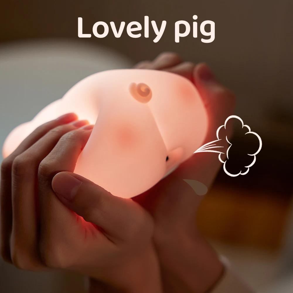 Piggy Night Light Soft Silicone Cute Piggy Lamp 3 Level Dimmable 30 Minutes Timer Rechargable for Kids Bedside Touch Baby Night