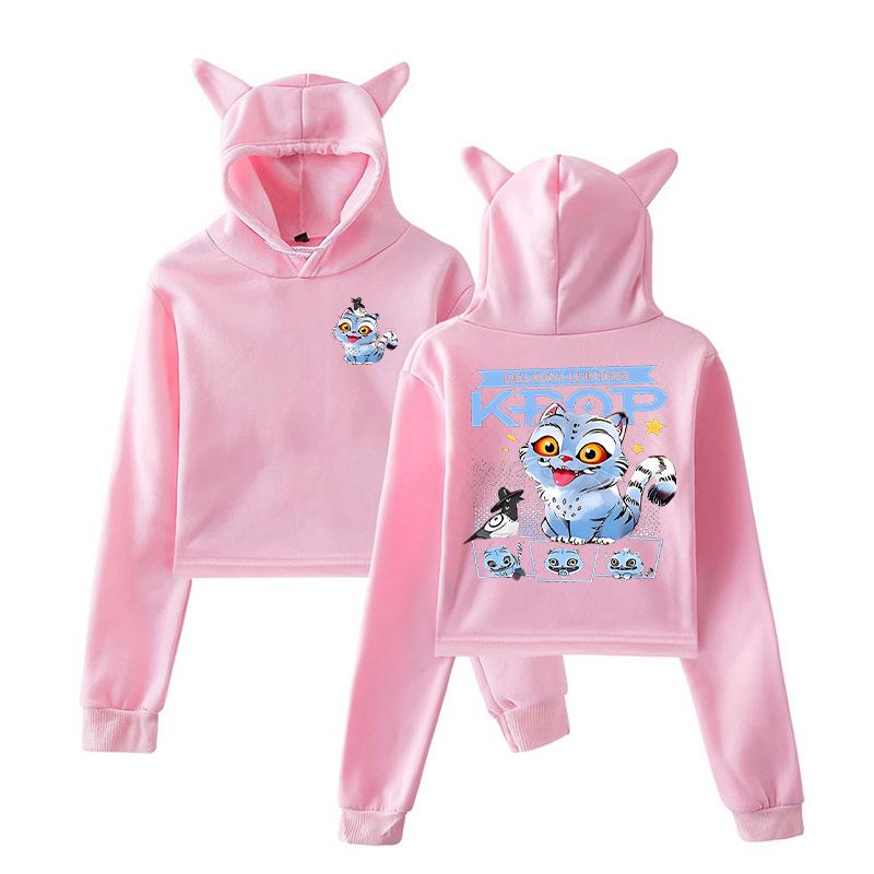 KPop Łowcy Demonów Huntrix Kot Tygrysi Crop Topy Bluza z Kapturkiem Długi Rękaw Moda Dziewczęca