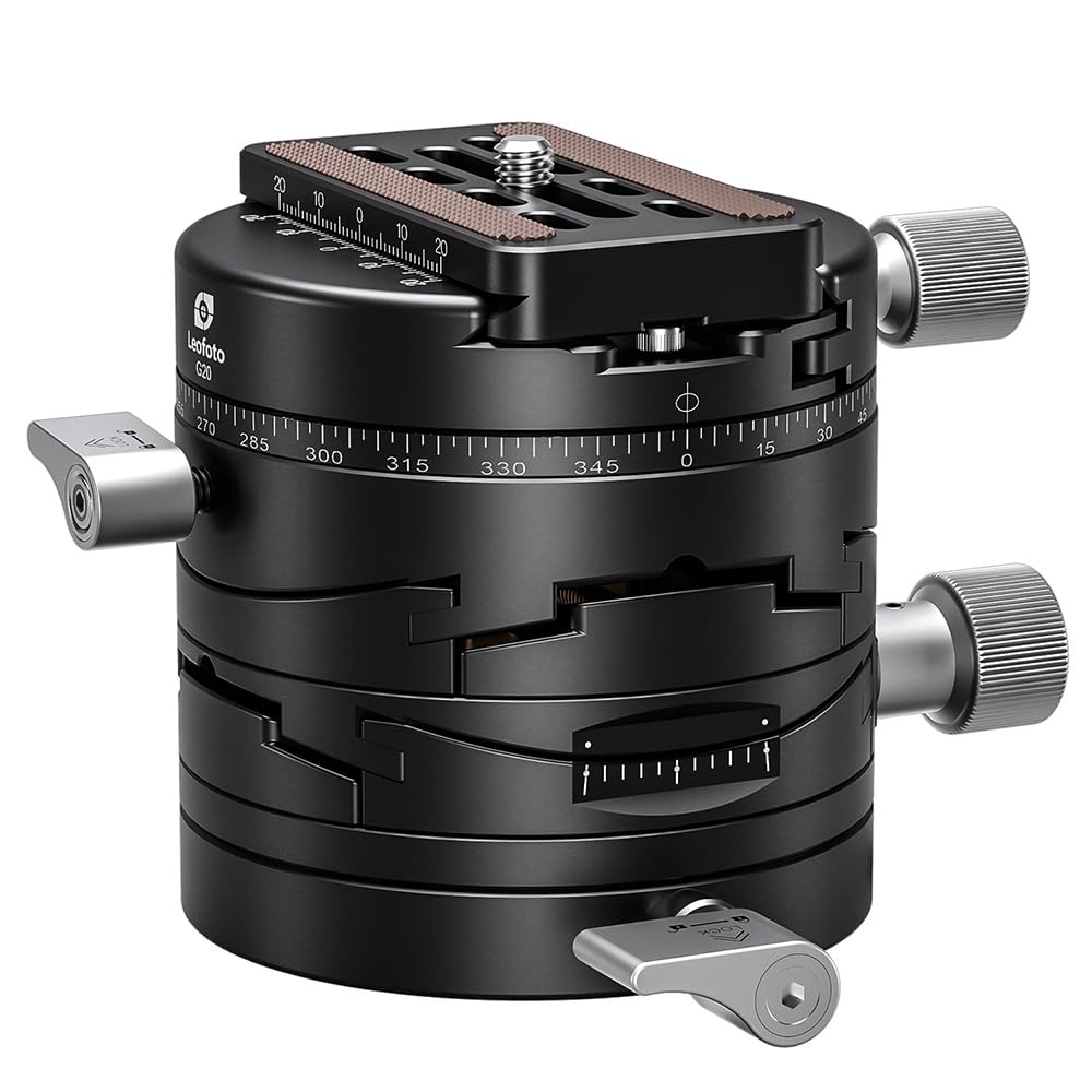 

Leofoto G20 Головка з шестерневим панорамуванням, горизонтальна основа 50 мм, навантаження 20 кг, 036884, 2-осьове регулювання, регулювання ±15°, сумісна з Arca-Swiss, Діаметр, Місткість, чорний