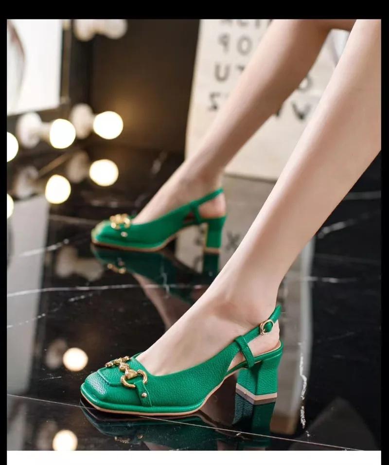 Women's Mid-heel 5.5CM 2024 Summer French Style Back Empty Female Thick Heel Square Toe Shoes Black Green