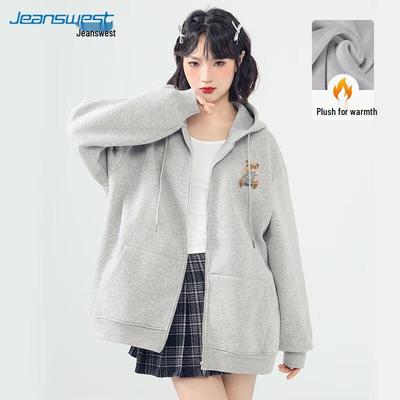 JEANSWEST Damen Locker Geschnittenes Kapuzen-Cardigan-Sweatshirt mit Cartoon-Print