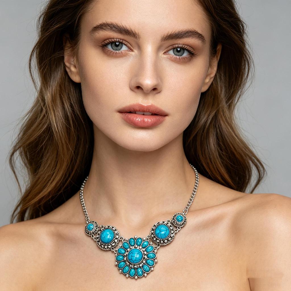 Bohemian Vintage Sunflower Necklace Luxury Blue Turquoise Necklace Vintage Ethnic Style Necklace