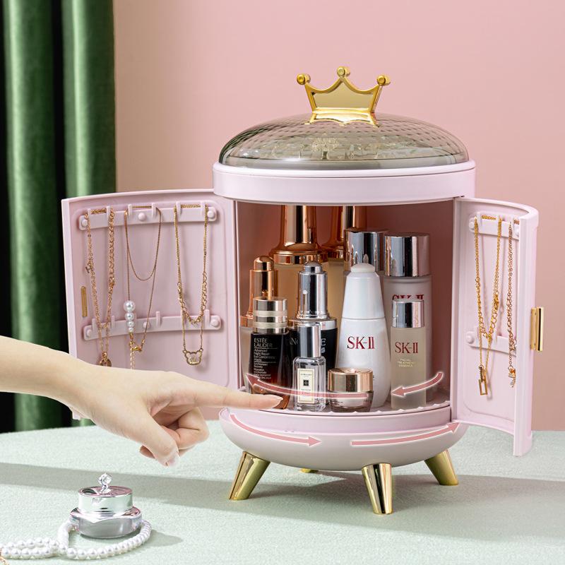 Crown Luxury Cosmetics Organizer Makeup Storage Box Desktop Rotating Jewelry Ring Display Box Storage Shelf Dustproof Makeup Box